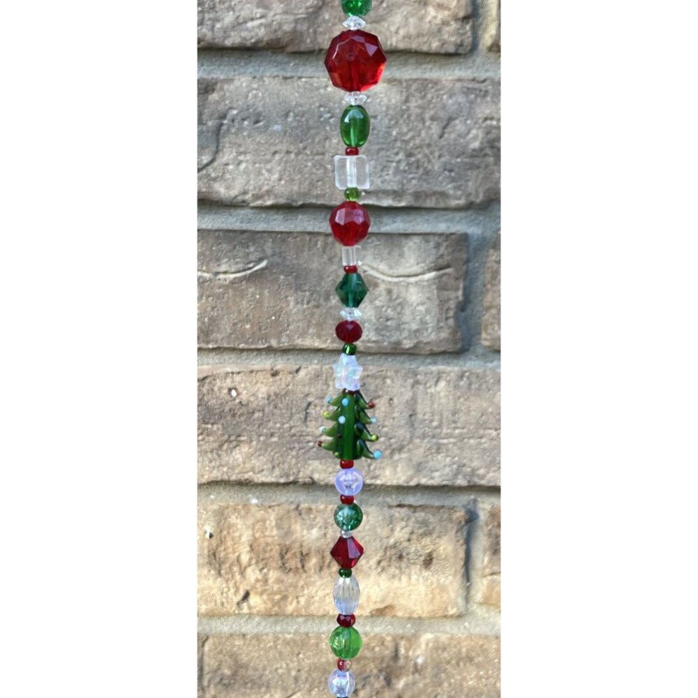 Beaded Christmas Tree Suncatcher Red Green Crystal Prism Hanging Decor - Picture 5 of 10